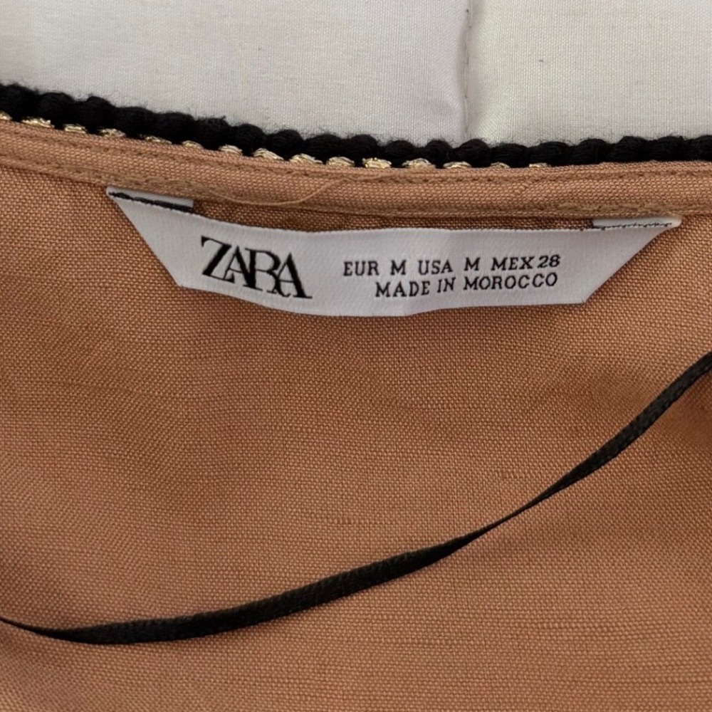 Zara Terracotta Tan Linen Blend Crochet Trim Midi Dress Long Sleeve Womens M - Picture 4 of 11